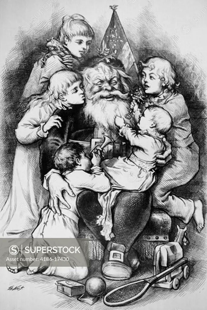1870S 1879 Thomas Nast Illustration Merry Christmas Santa Claus Surrounded By Five Children With Christmas Gifts Toys