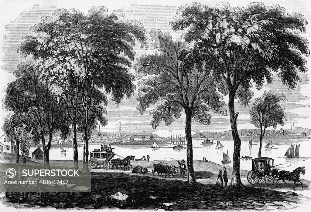 1800S View Of New London Connecticut From Shore Road In 1853 Fort Trumbull At Center And Groton Village To Right