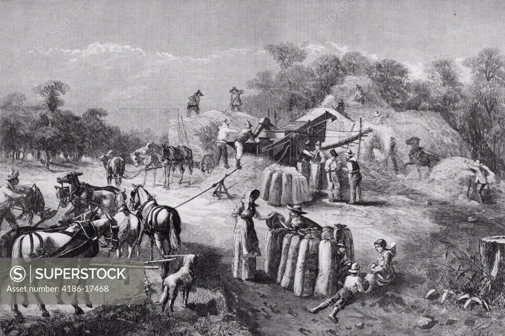 1870S 1878 Farm Harvest Scene Threshing Grain Illustration By O. D. Steinberger