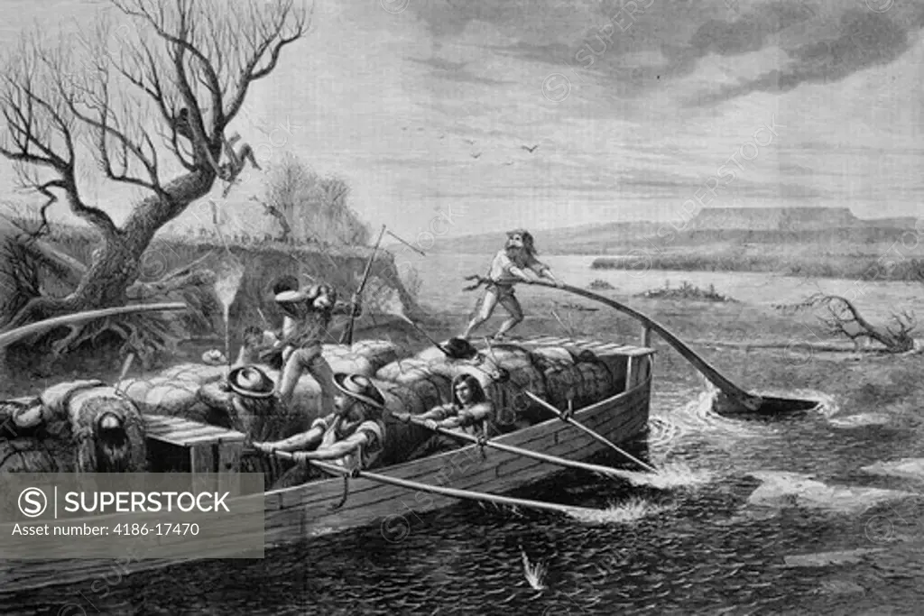 1830S 1840S Fur Traders On The Missouri River Attacked By Indians On Way To St. Louis Illustration By W. M. Cary