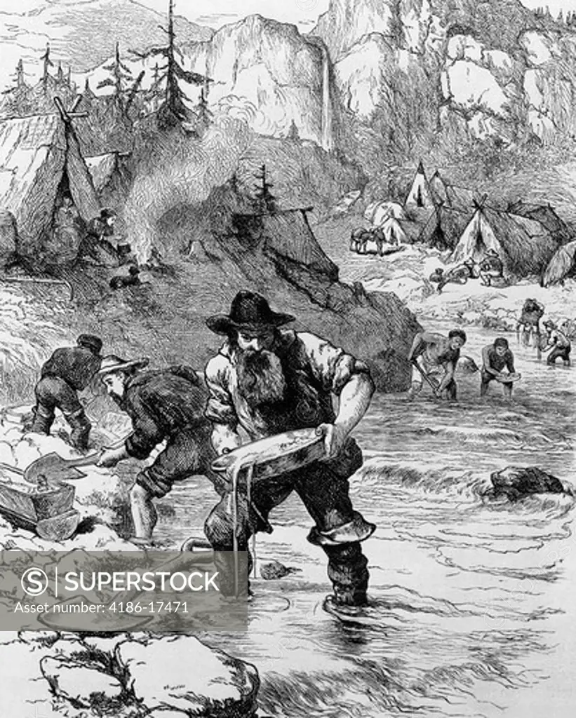 Drawing 1849 Gold Rush Camp In California Bearded Man Prospector Panning In Stream