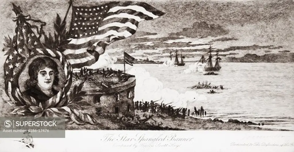 Battle War 1812 At Fort Mchenry In Baltimore Harbor With Inset Of Francis Scott Key Author Of National Anthem Star Spangled Banner