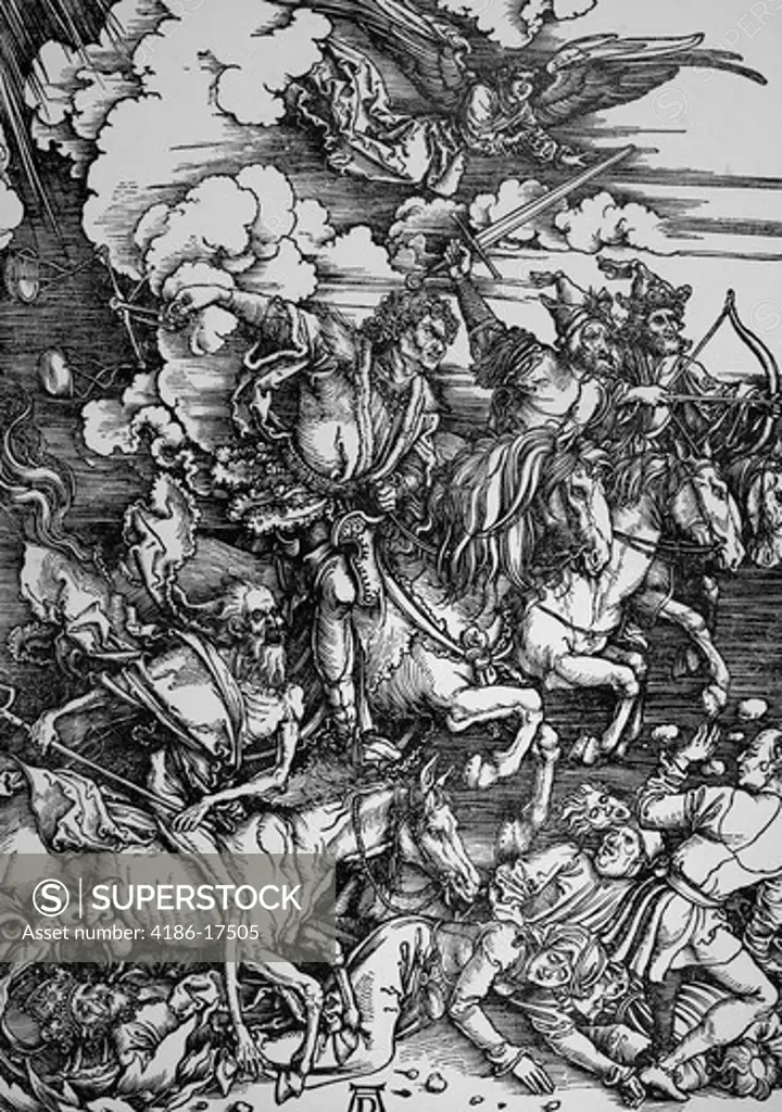 1400S Famous Albrecht Durer Woodcut Four Horsemen Of Apocalypse Circa 1498 Death Famine War Plague Revelations 6 1