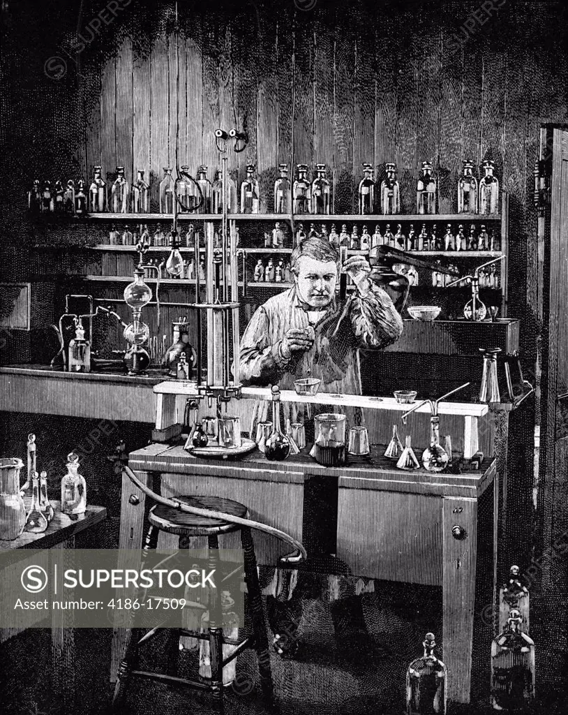 Drawing Genius Inventor Thomas A. Edison At Work In His Laboratory In Menlo Park New Jersey Usa