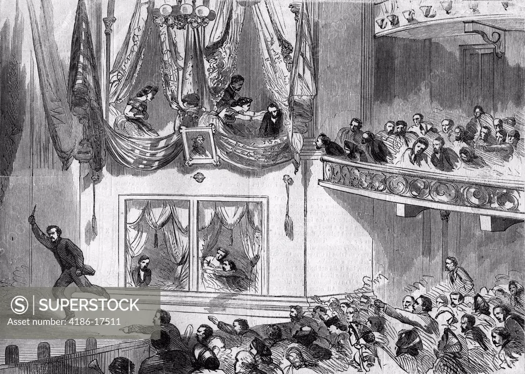 1800S 1860S April 15 1865 Assassination Of President Lincoln At Ford'S Theater John Wilkes Booth Running Across Stage Shouting Sic Semper Tyrannis