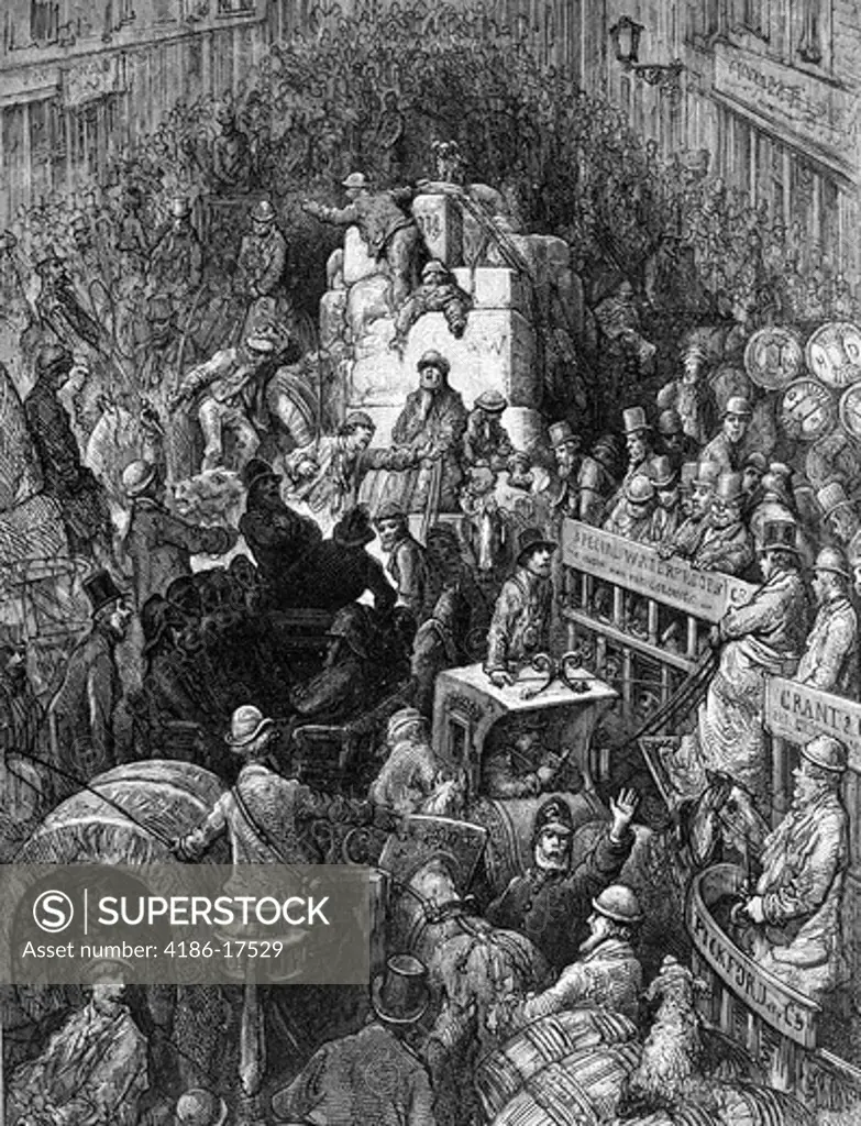 1800S 19Th Century Illustration Of A City Thoroughfare Crowded London Street With Pedestrians And Wagons In A Traffic Jam