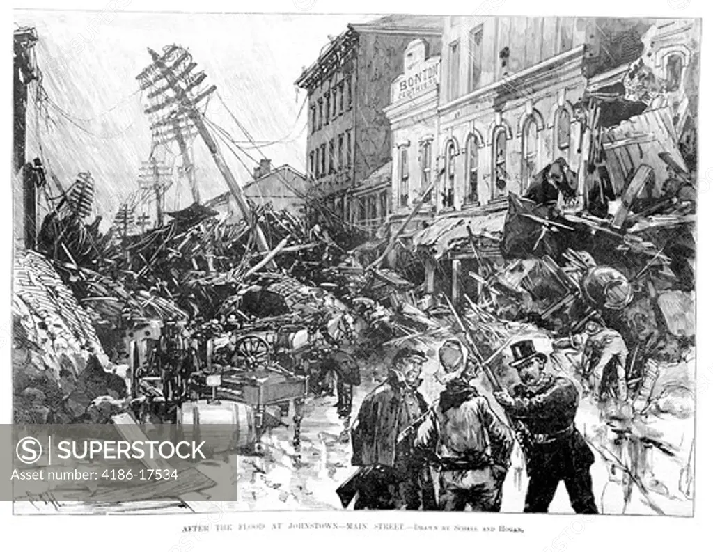 Illustration May 31 1889 Two Guards Stop Man From Entering Johnstown Pa Main Street Ruins After The Flood Disaster