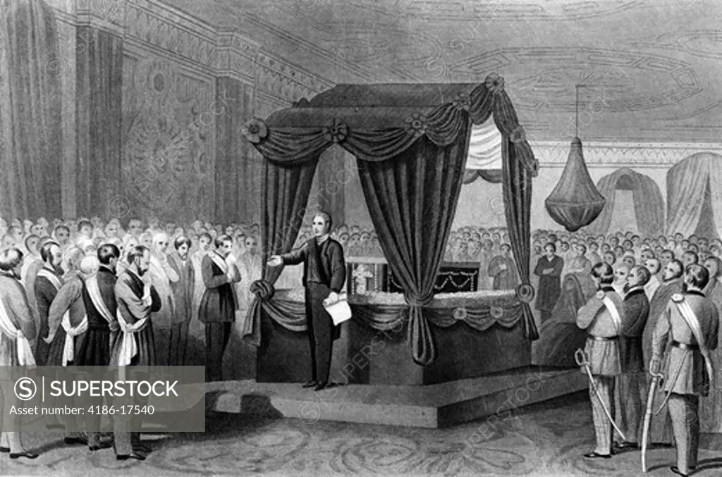 1800S 1860S April 1865 Funeral Rites For President Abraham Lincoln Coffin Lying In A Catafalque In The East Room Of The White House