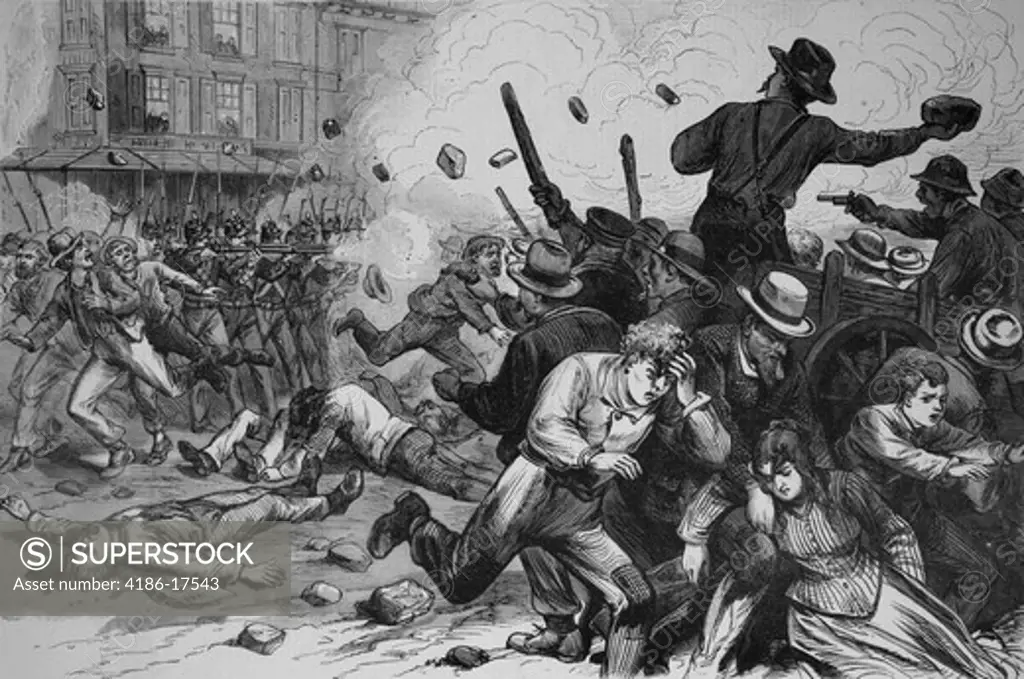1800S 1870S Great Railroad Strike 1877 Maryland National Guard Troops Firing On Mob Of Striking Workers During The Baltimore And Ohio Railroad Strike