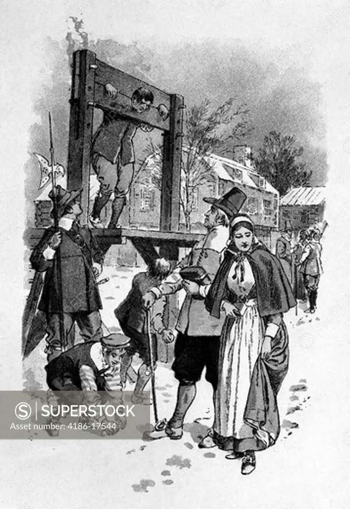 Drawing Of Man In Pillory As Pilgrim Couple Walks By 1600S Boys Throw Dirt Man Stands Guard Shame Punishment Ridicule