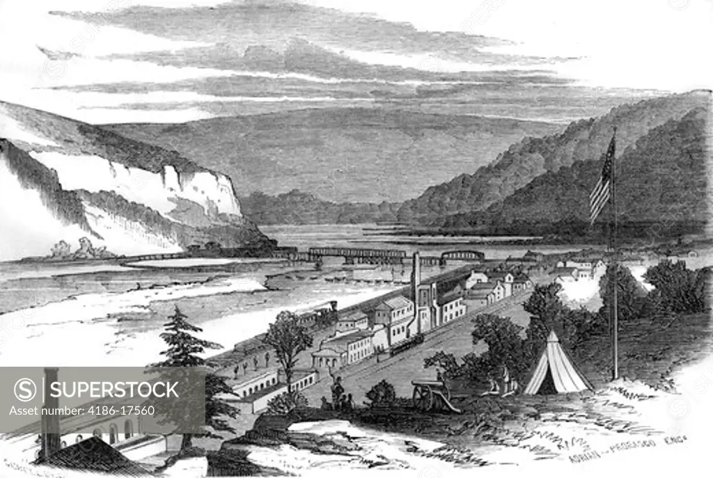 1800S 1860S View Of Harper'S Ferry After Demolition Of Government Buildings Union Troops On Hill Overlooking Town Site Of Capture Of John Brown