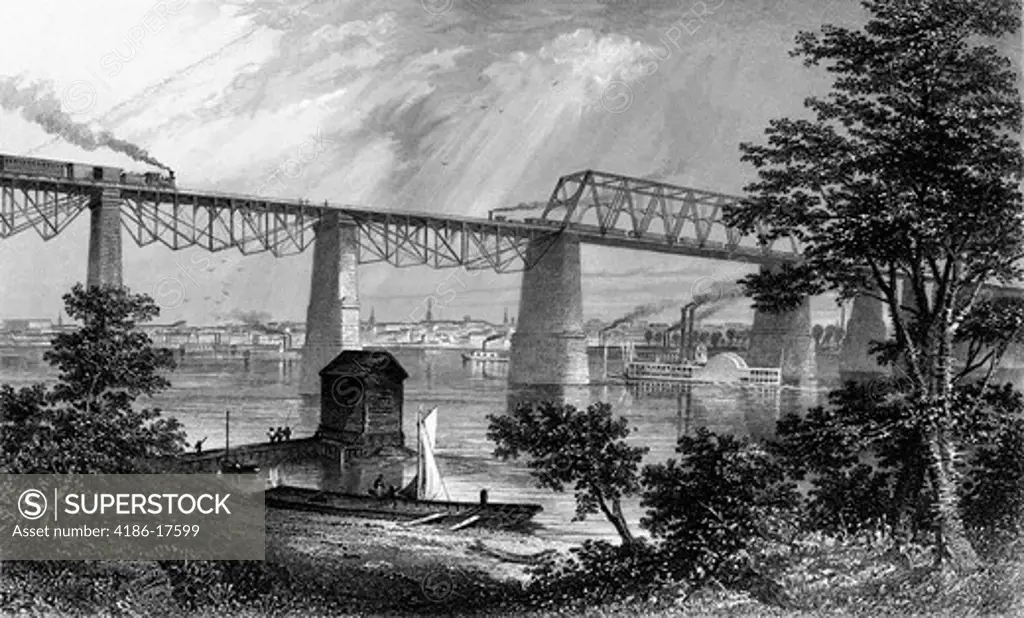 1800S 1870S 1872 View Of Louisville Ky Railroad Bridge Over Ohio River With A Steamboat Skyline