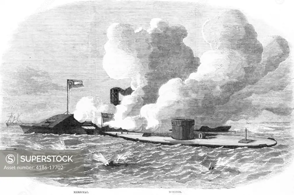 1860S March 8,9 1862 Battle Of Hampton Roads Fight Between Federal Monitor And Confederate Merrimac First Ironclad Naval Battle
