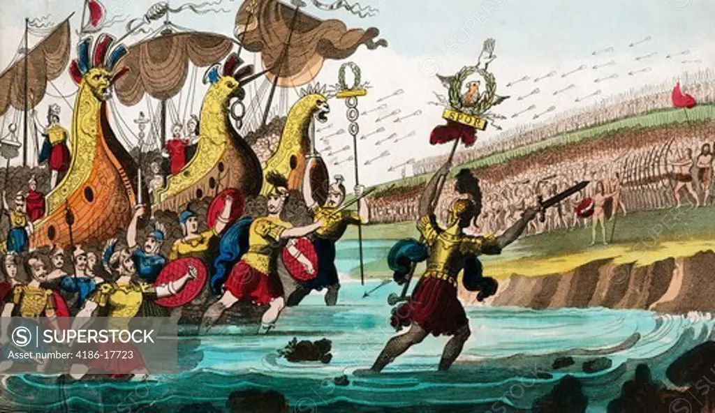 Julius Caesar And Roman Troop Ships Landing In Great Britain 55 B.C.
