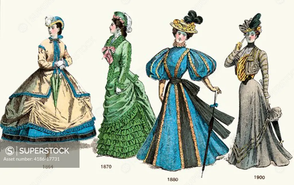 Late Victorian Ladies Fashion 19Th Century From 1864 Hoop Skirt 1870 Bustle 1880 Balloon Sleeve 1900 Wasp Waist