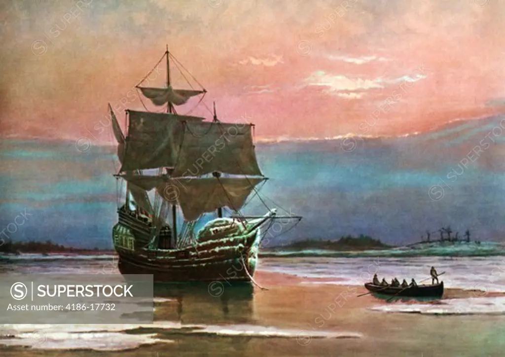 Painting Of The Ship The Mayflower 1620 In Plymouth Harbor By William Halsall Pilgrims Transport