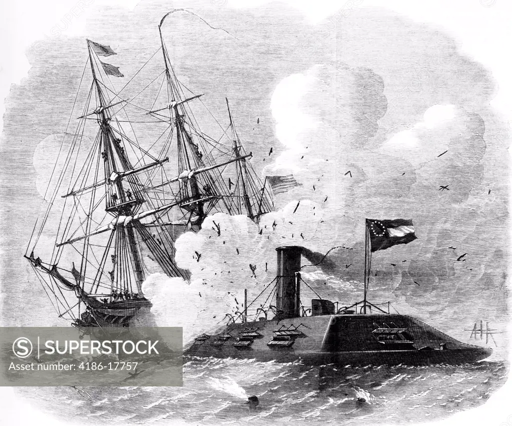 1800S 1860S March 8 1862 Uss Cumberland Being Rammed Sunk By The Confederate Ship Virginia Formerly Merrimac