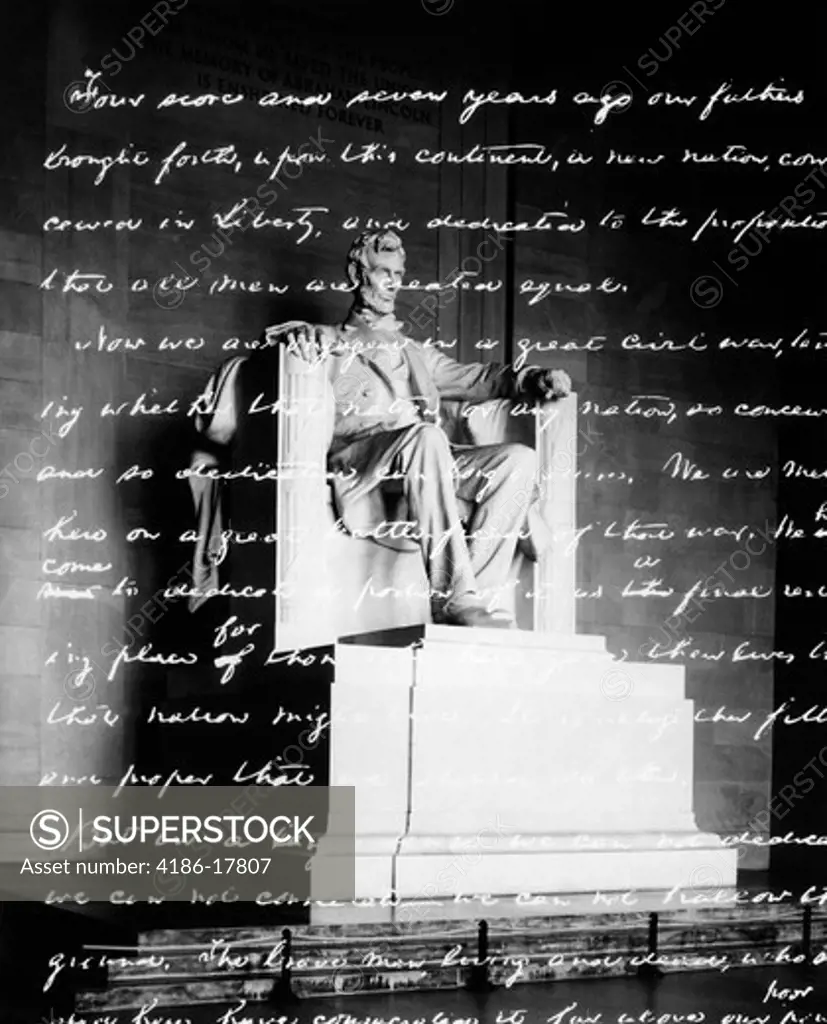 HANDWRITTEN GETTYSBURG ADDRESS SUPERIMPOSED OVER STATUE AT LINCOLN MEMORIAL