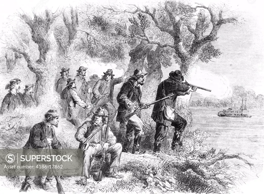 1800s 1860s CONFEDERATE JEFFERSON THOMPSON'S GUERRILLAS SHOOTING FEDERAL UNION BOATS ON THE MISSISSIPPI AMERICAN CIVIL WAR