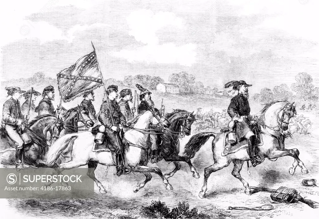 1800s 1860s 1862 CONFEDERATE GENERAL JEB STUART NEAR CULPEPPER COURTHOUSE WITH HIS CAVALRY TROOPS
