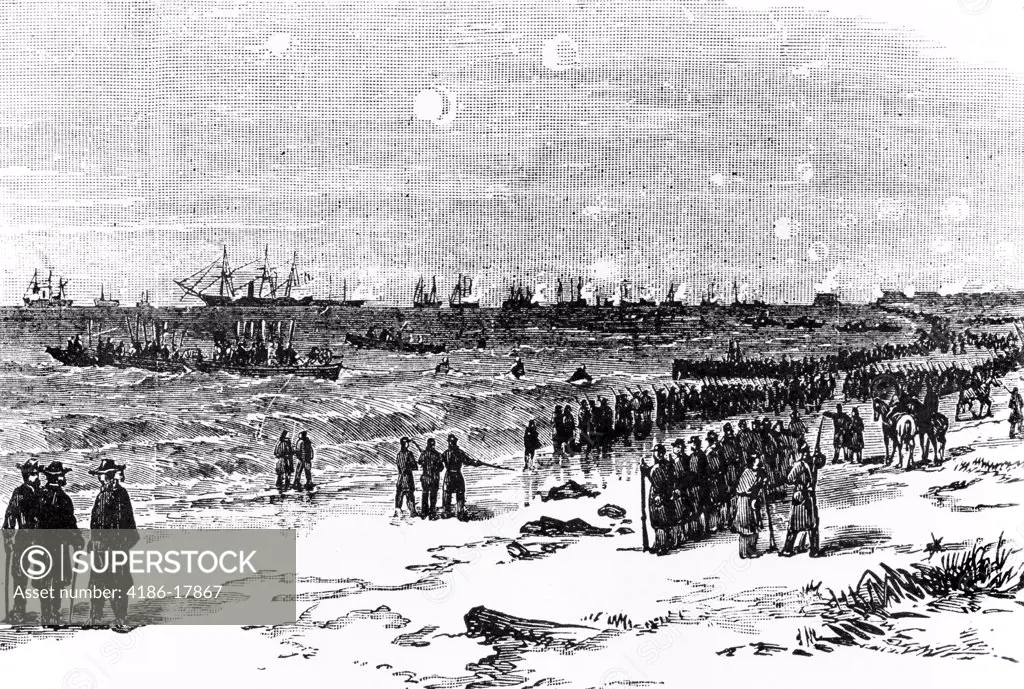 1800s 1860s FEDERAL TROOPS BENG LANDED FOR ATTACK ON FORT FISHER ON CAPE FEAR NEAR WILMINGTON NORTH CAROLINA JANUARY 1864