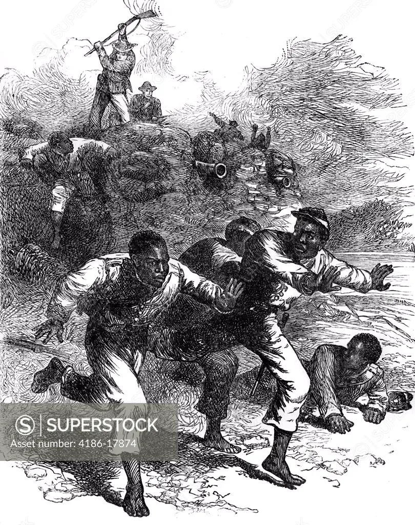 1800s 1860s APRIL 12 1864 BATTLE OF FORT PILLOW TENNESSEE AFRICAN AMERICANS FLEE CONFEDERATE TROOPS TO ESCAPE MASSACRE