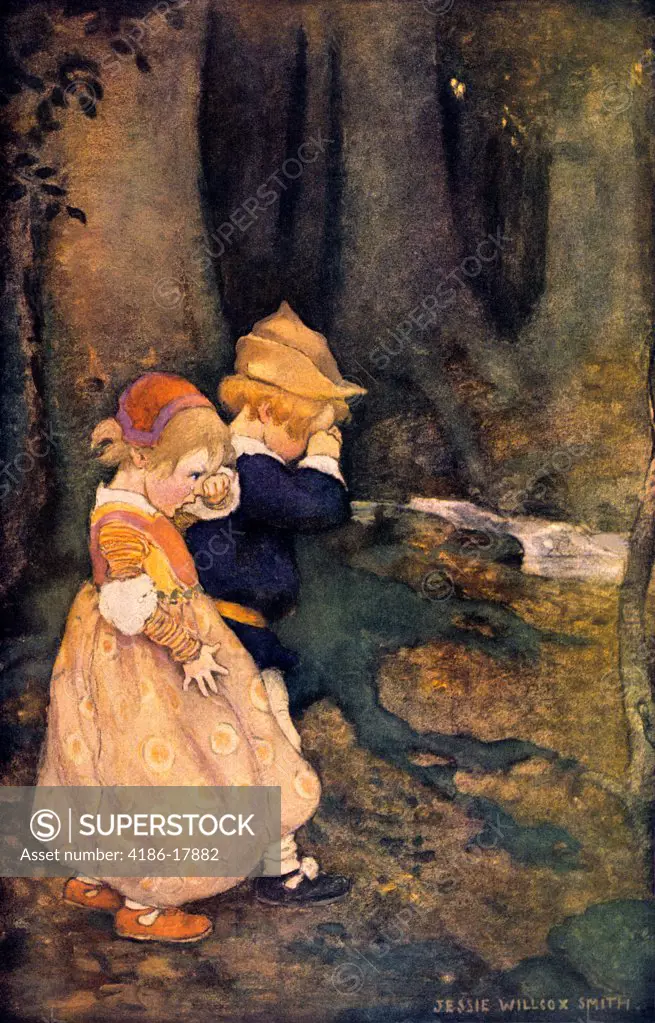 ILLUSTRATION HANSEL AND GRETEL LOST IN THE WOODS FAIRY TALE  BY JESSE W. SMITH