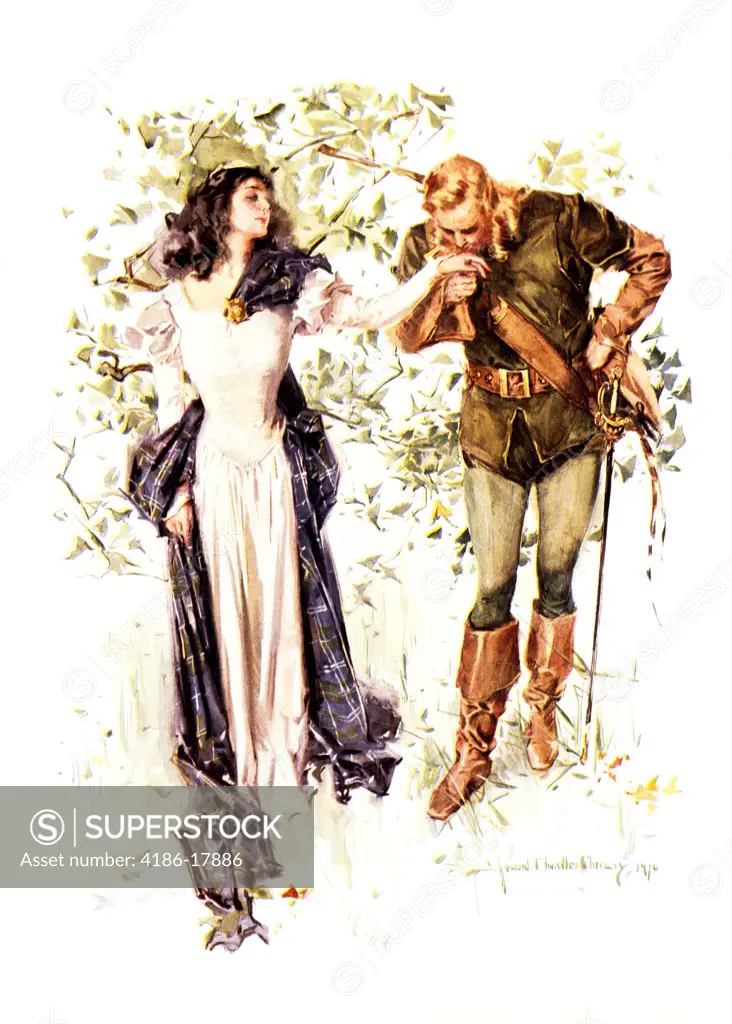 1910 ILLUSTRATION OF 13TH CENTURY ROBIN HOOD AND MAID MARIAN BY H. C. CHRISTY