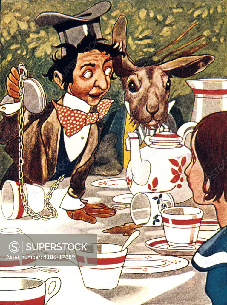 1880s ILLUSTRATION FROM ALICE IN WONDERLAND TEA PARTY SCENE MAD HATTER MARCH HARE