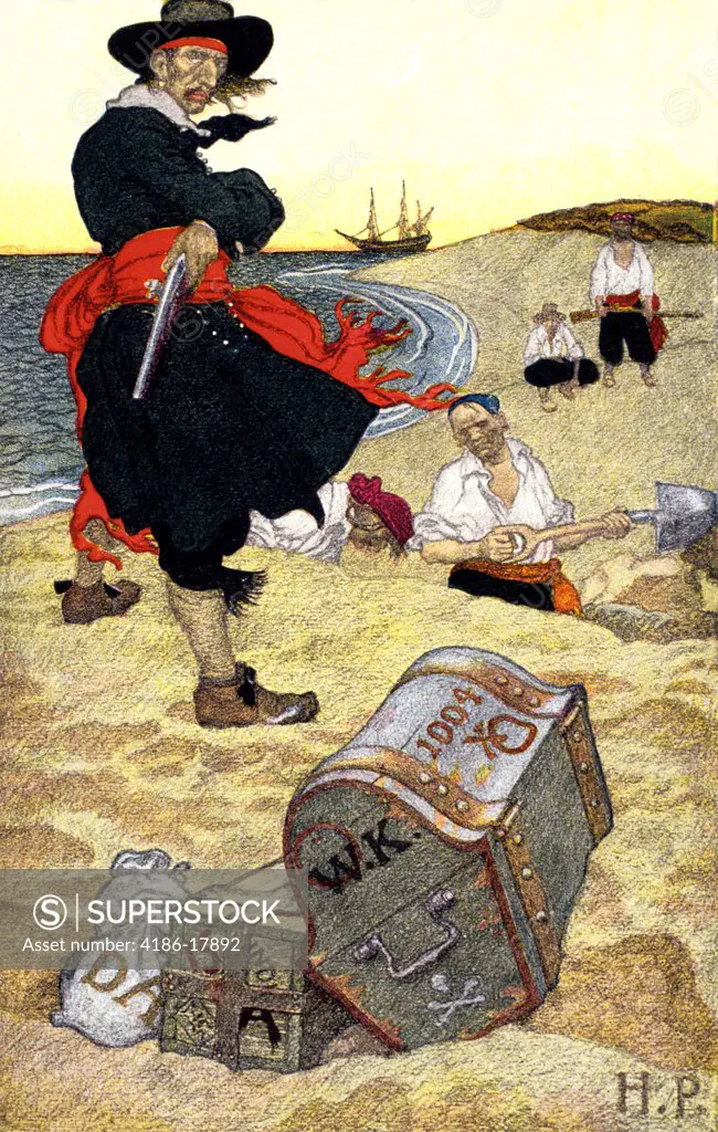 1690s ILLUSTRATION PIRATES ON BEACH DIGGING UP BURIED TREASURE BY HOWARD PYLE