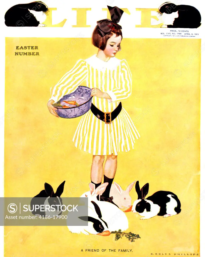 1911 COVER LIFE MAGAZINE EASTER ISSUE GIRL IN YELLOW STRIPED DRESS FEEDING BLACK AND WHITE RABBITS