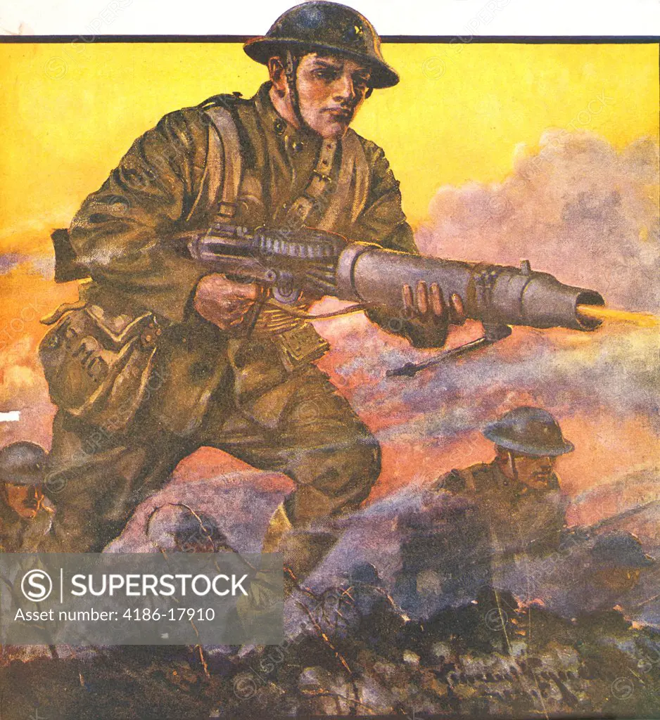 PAINTING OF SOLDIER WITH MACHINE GUN WW1 1918 TITLED THE MAN BEHIND THE GUN WORLD WAR 1 SOLDIERS