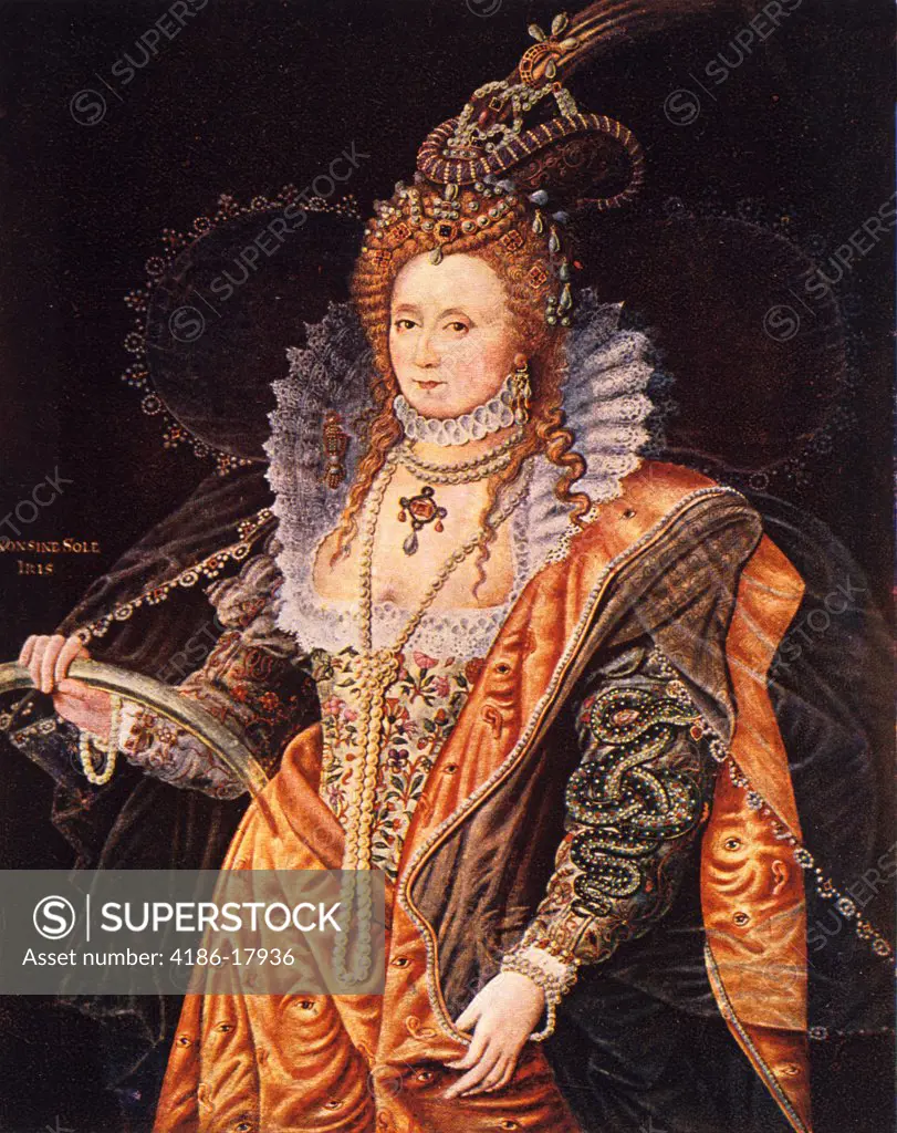 1500s 1600s COLOR PORTRAIT QUEEN ELIZABETH I FROM PAINTING BY ZUCCHERO AT HATFIELD HOUSE PAINTING CIRCA 1602