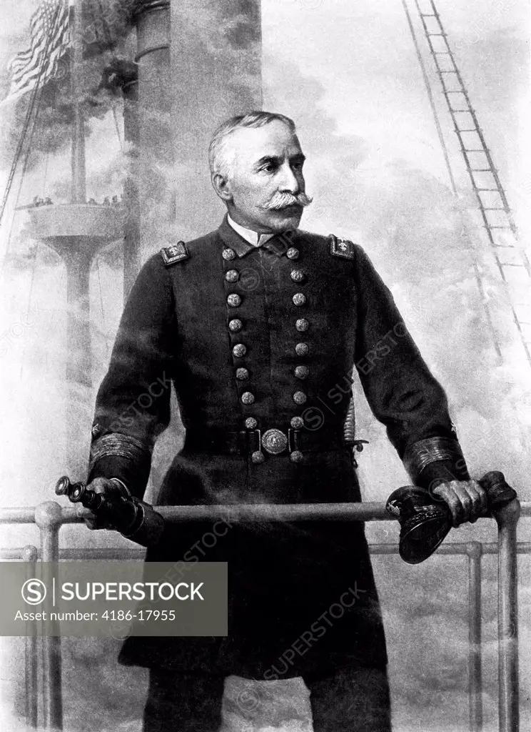 1890s PORTRAIT ADMIRAL GEORGE DEWEY ON BRIDGE OF USS OLYMPIA HIS FLAGSHIP DURING BATTLE OF MANILA PHILIPPINES MAY 1, 1898