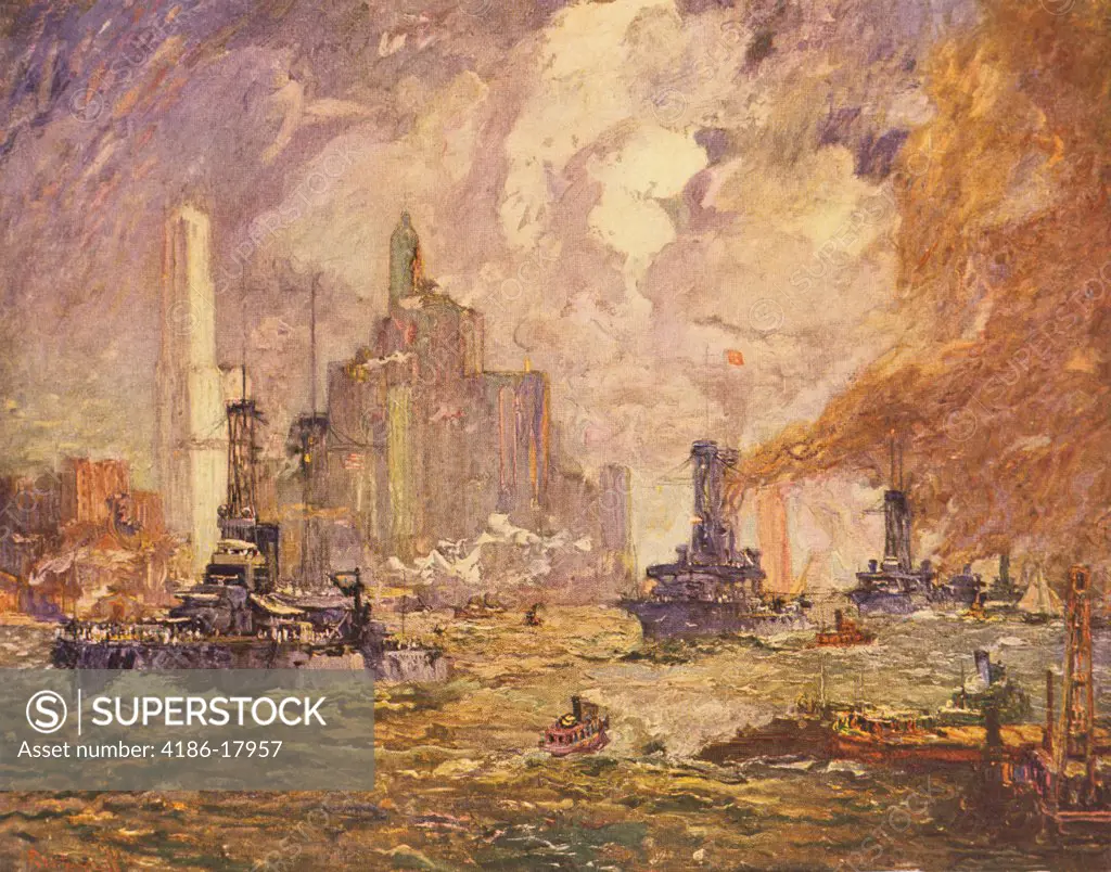 1900s REUTERDAHL'S PAINTING OF THE GREAT FLEET STEAMING INTO NEW YORK