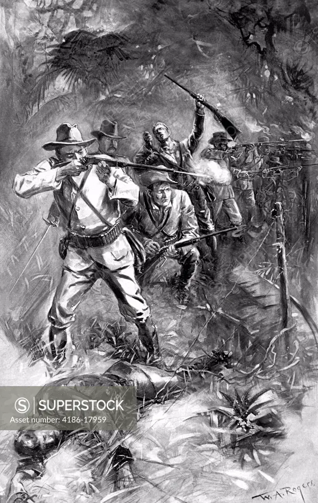 1890s JUNE 1890 JUNGLE BATTLE OF LAS GUASIMAS NEAR SANTIAGO CUBA SPANISH AMERICAN WAR STAND OF ROUGH RIDERS