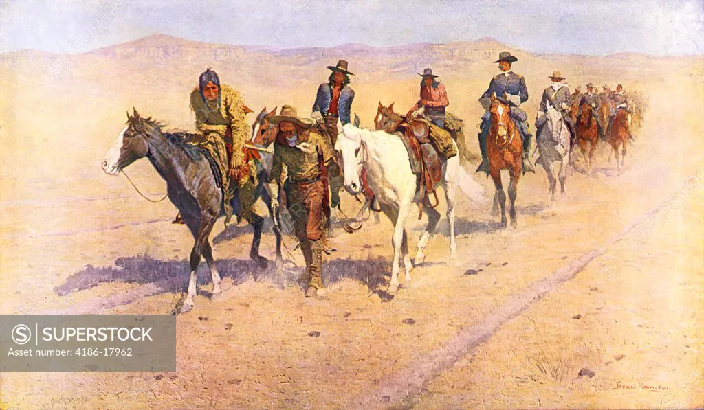 PAINTING BY FREDERIC REMINGTON 1906 PONY TRACKS ON THE BUFFALO TRAIL INDIANS AND CAVALRY ON AMERICAN WESTERN FRONTIER