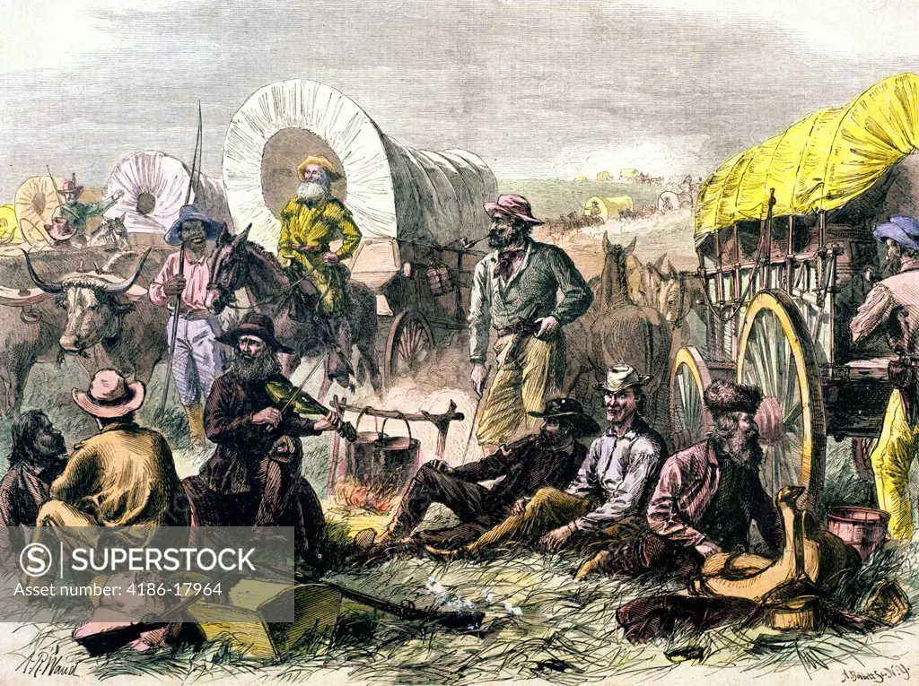 1800s 1860s 1870s PILGRIMS OF THE PLAINS WAGON TRAIN CAMPED FOR THE NIGHT MEN PIONEERS AROUND CAMPFIRE