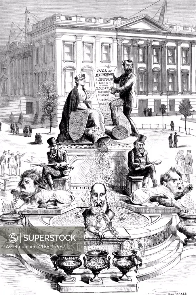 1800s 1871 POLITICAL CARTOON BY C G PARKER DESIGN FOR PROPOSED FOUNTAIN CITY HALL PARK SHOWING GRAFT CORRUPTION
