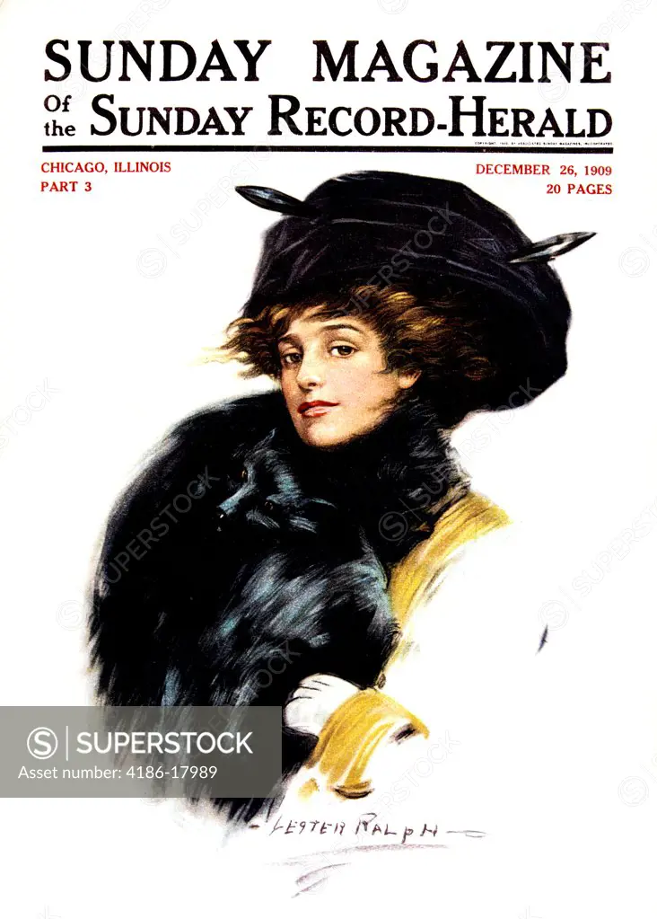1900s PORTRAIT OF VICTORIAN WOMAN IN FUR HAT COLLAR AND MUFF STYLISH CLOTHES COVER OF SUNDAY MAGAZINE DECEMBER 1909