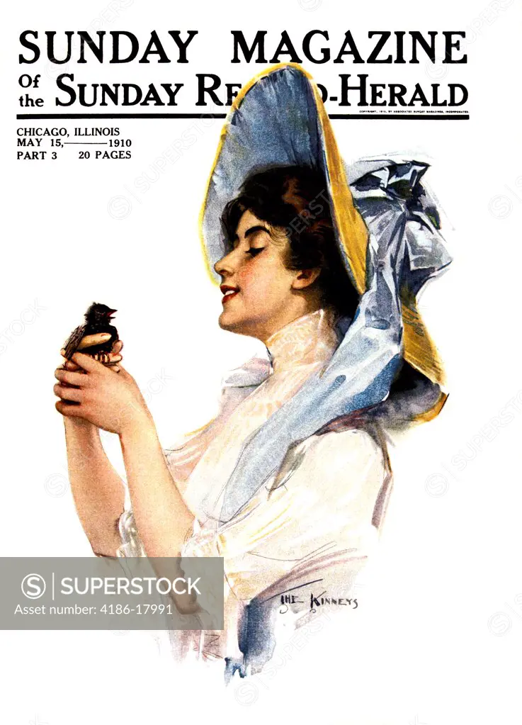 1900s 1910s SMILING WOMAN WEARING HAT TIED WITH LARGE BLUE BOW HOLDING BIRD MAY 15 1910 SUNDAY MAGAZINE COVER