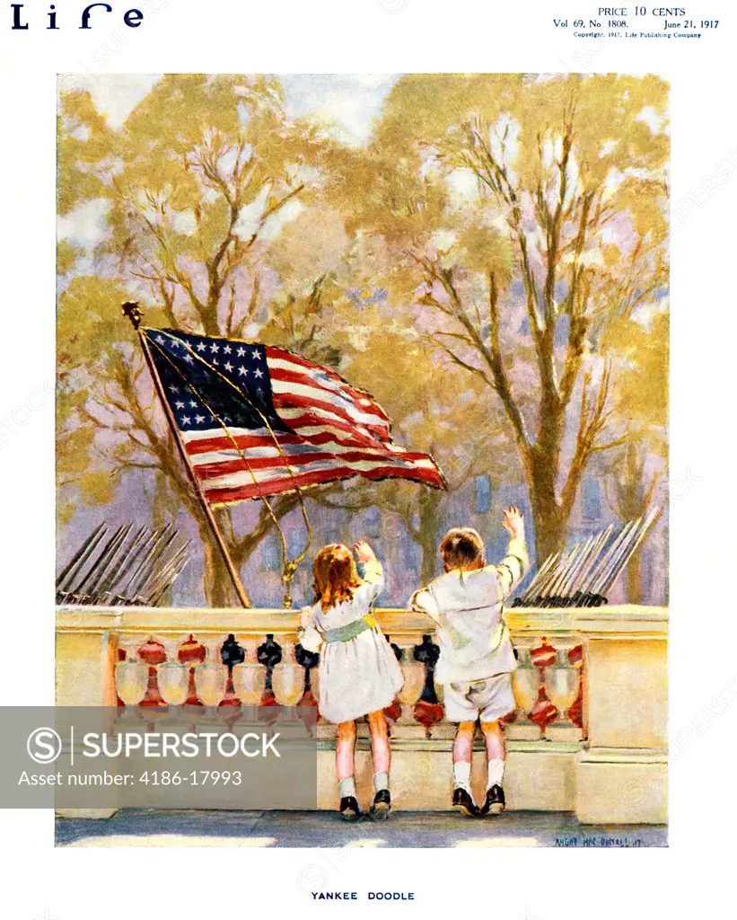 1910s YANKEE DOODLE BOY AND GIRL WAVING WATCHING MILITARY PARADE AMERICAN FLAG JUNE 21 1917 LIFE MAGAZINE COVER