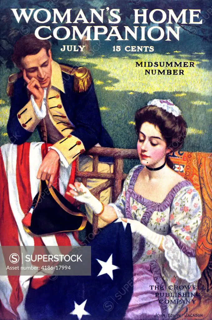 BETSY ROSS SEWING FIRST AMERICAN FLAG JULY 1909 WOMAN'S HOME COMPANION MAGAZINE COVER