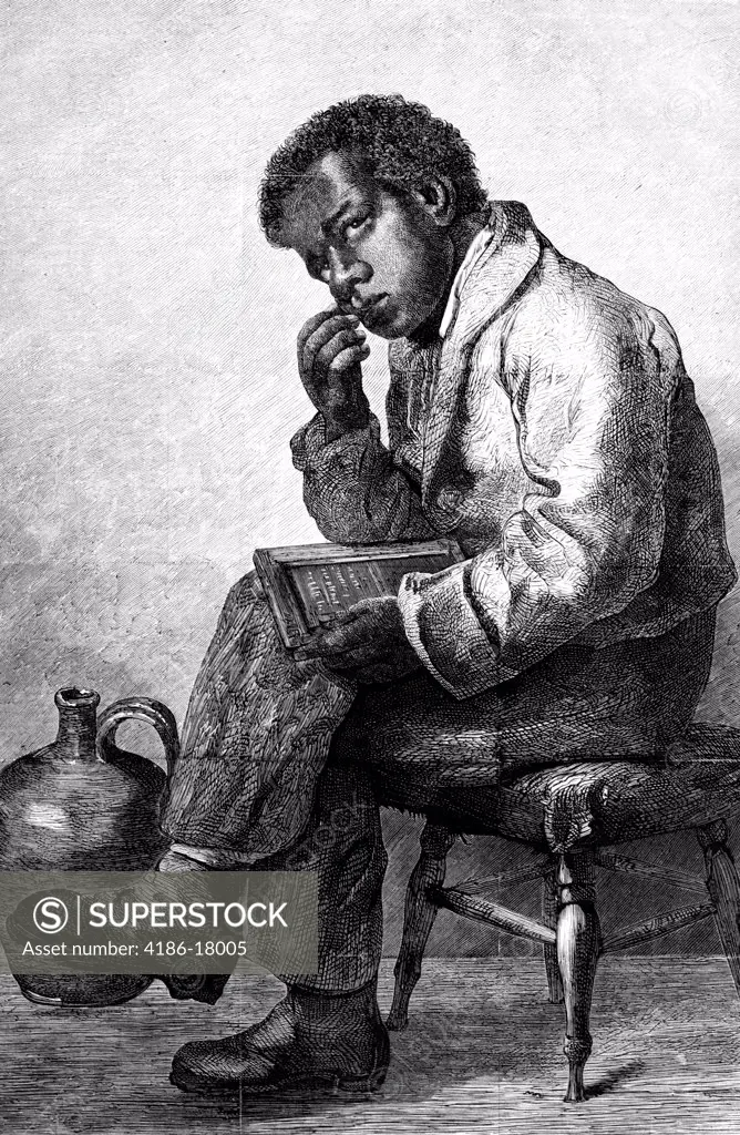 1800s 1870s YONG AFRICAN-AMERICAN BOY FIGURING ON A SCHOOL SLATE HARPERS WEEKLY ILLUSTRATION