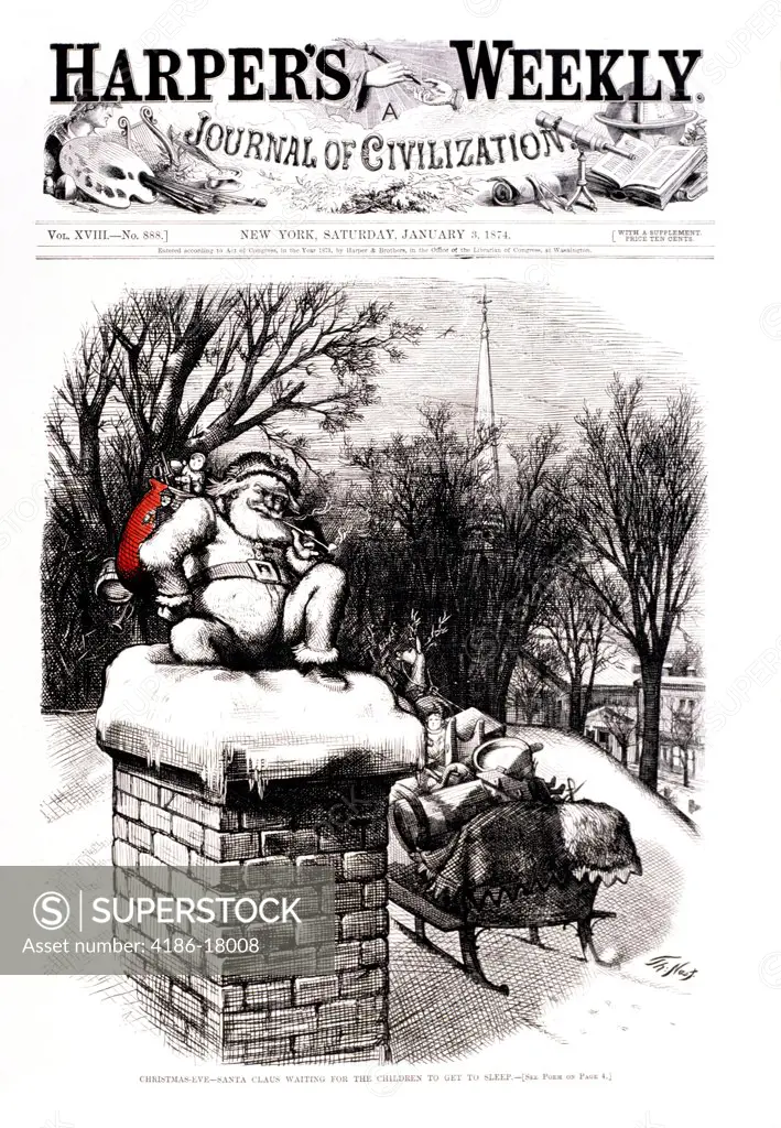 SANTA ABOUT TO GO DOWN CHIMNEY RED BAG TOY THOMAS NAST DRAWING HARPER'S WEEKLY JANUARY 3 1874 1800s