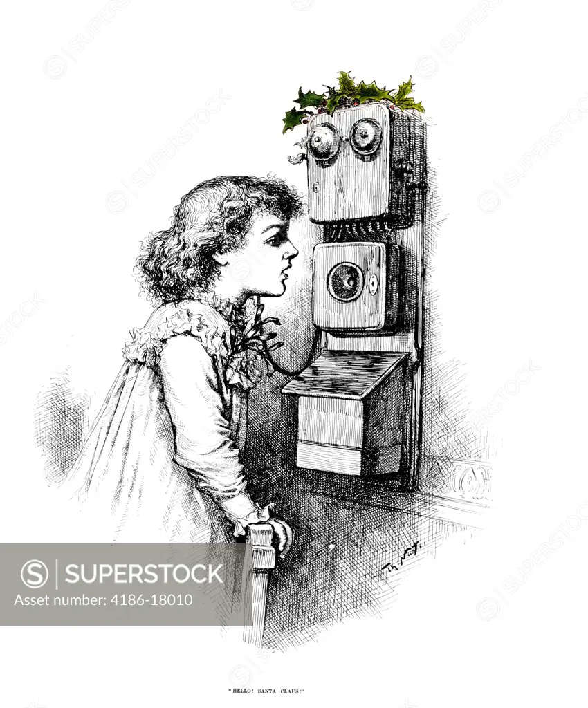 THOMAS NAST ILLUSTRATION GIRL CALLING SANTA CLAUS ON TELEPHONE