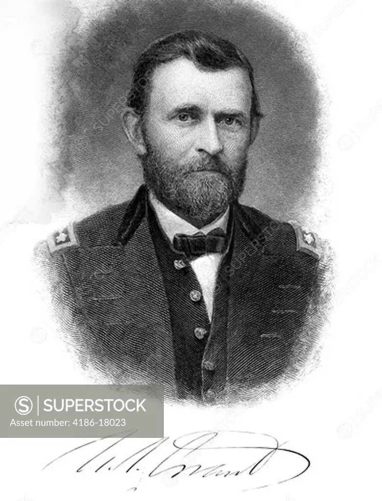 1800s 1860s PORTRAIT ULYSSES S GRANT AS LIEUTENANT GENERAL MARCH 1864 DURING THE AMERICAN CIVIL WAR SIGNATURE ON BOTTOM