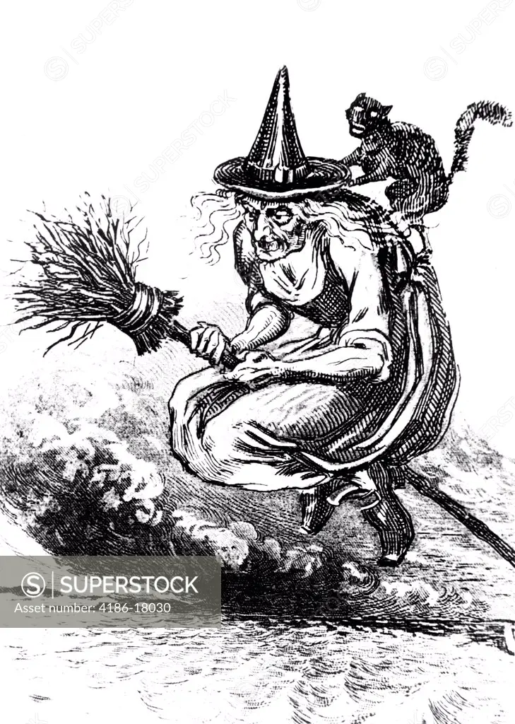 ENGRAVING OF UGLY OLD WITCH RIDING BROOM WITH A BLACK CAT ON HER BACK