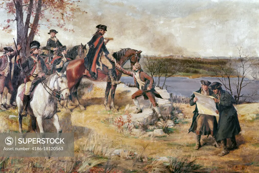1700s 1776 GEORGE WASHINGTON WATCHING BATTLE OF FORT WASHINGTON FROM FORT LEE NJ November 16 1776 PAINTING BY DUNSMORE 