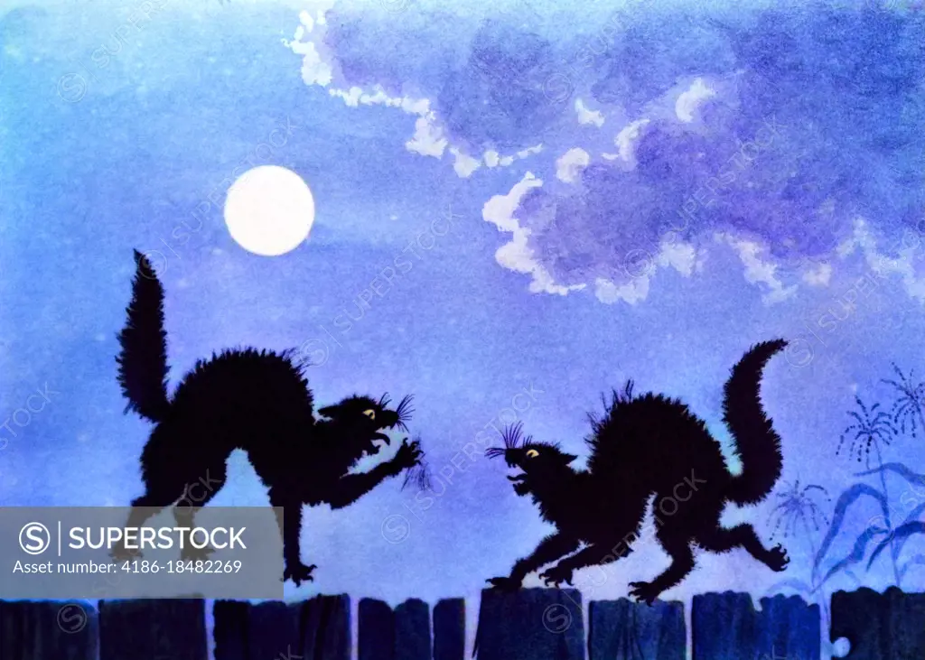 1920s 1930s ILLUSTRATION TWO NOISY LOUD SQUALLING BLACK CATS FIGHTING ON BACKYARD FENCE UNDER FULL MOON AT MIDNIGHT